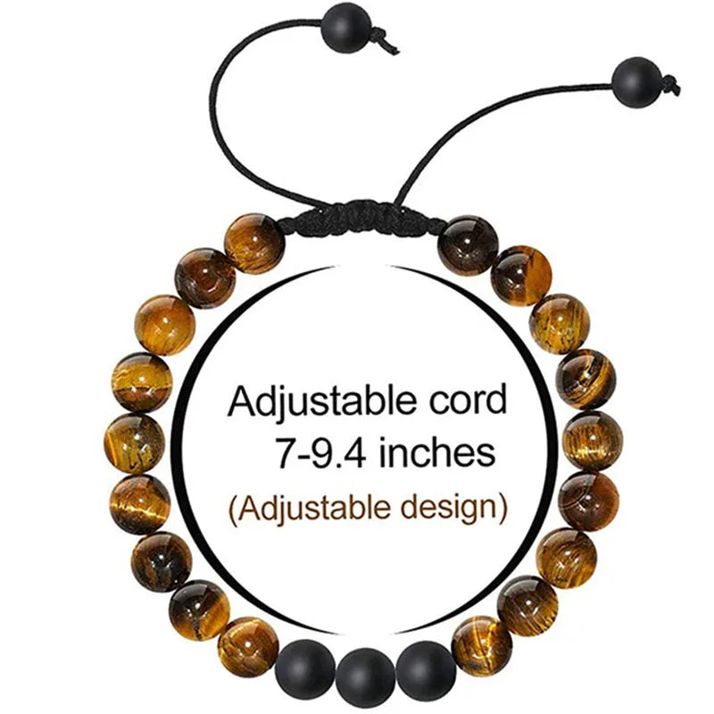 Lava Rock Agate Onyx Tiger Eye Stone Gemstone Bead Healing Power Bracelet W/Adjustable Braided Macrame Tassels