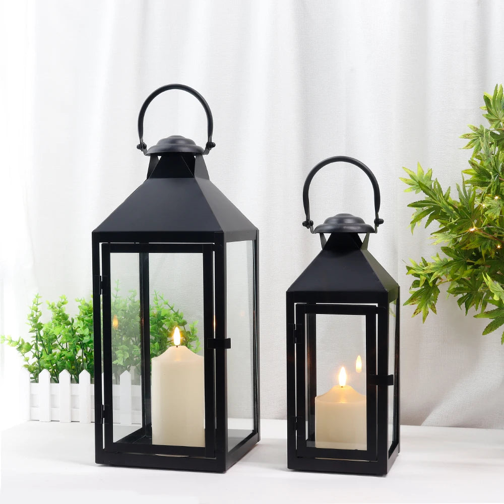 Set of 2 Black Metal Wedding Decorative Candle Holder Hanging Windproof Candle Holders Lanterns with Unobstructed Glass