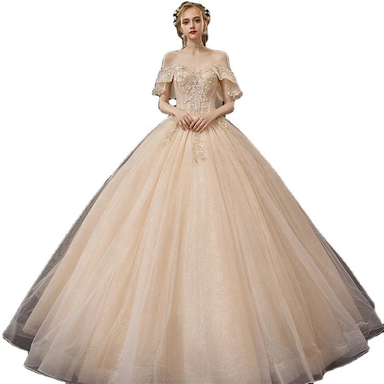 New Bridal Train One Line Shoulder Wedding Dress Fairy Dream Starry Sky Wedding Dress Ruffled Embroidery Wedding Dres