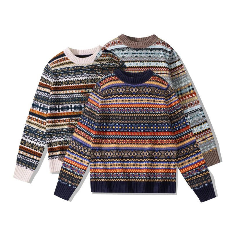 Men's Autumn Winter Fashion Sweaters Vintage Colorful Sweater Wool Pullovers With Fel Island  Geometric Pattern Anti-Shrink