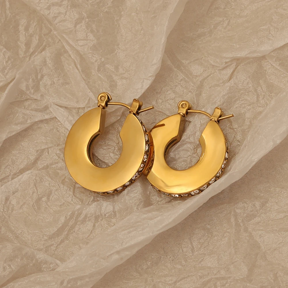 Fashion Hoop Earrings 18K Gold Plated Chunky Loop Earrings Stainless Steel Flat Back Disc Zircon Earrings
