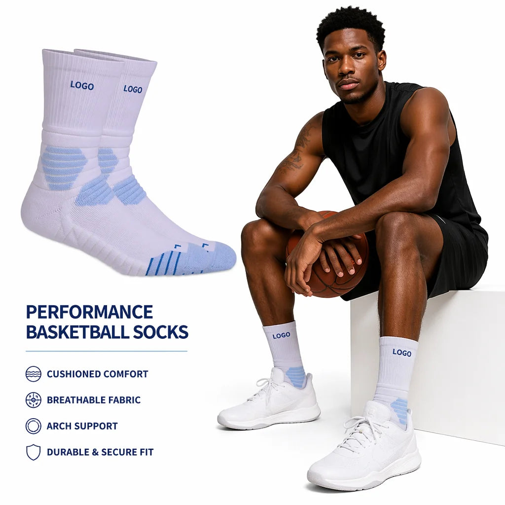 Custom Men's Basketball Crew Socks-Thick Padded Mid Cushion Anti-Slip Design Light Blue and Purple Colors