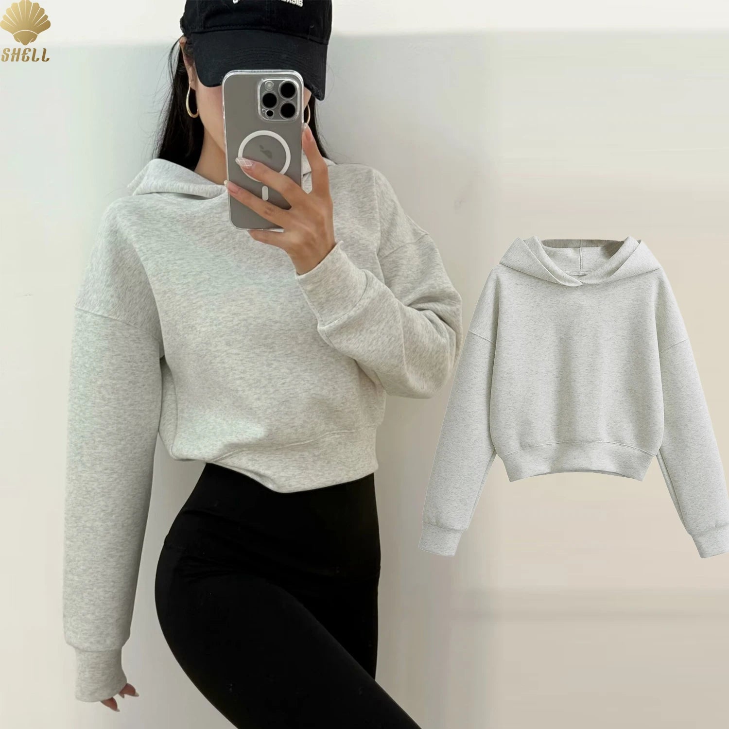 CNSHELL Y2K Cropped Hoodies & Sweatshirts Crew Neck Hoodie Streetwear Oversized Pullover Hood Women