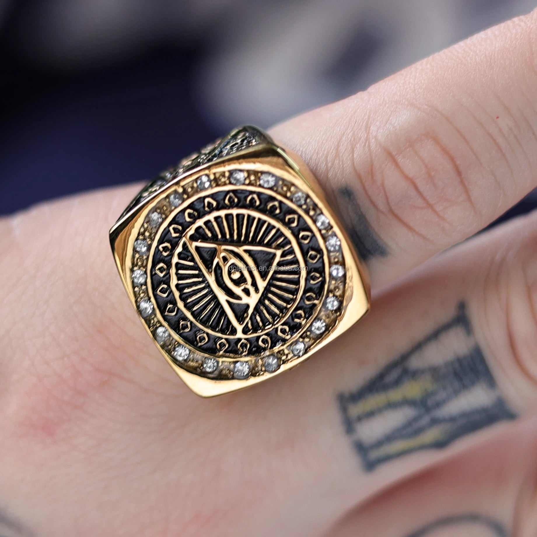 Gold Plated 316 Stainless Steel Free Mason Ring Classic Men's Heavy Chunky All Seeing Eye Masonic Diamonds Signet Ring Wholesale