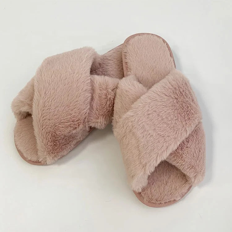Factory Wholesale Soft Warm Fluffy Faux Fur Indoor Slippers for Women Autumn Winter Washable Cross Strap Design MegaBDM
