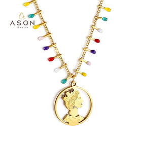 Ason Fashion Stainless Steel 18k Gold Plated Non Tarnish Colorful Charm Choker Necklace Jewelry Circle Women Pendant Necklace