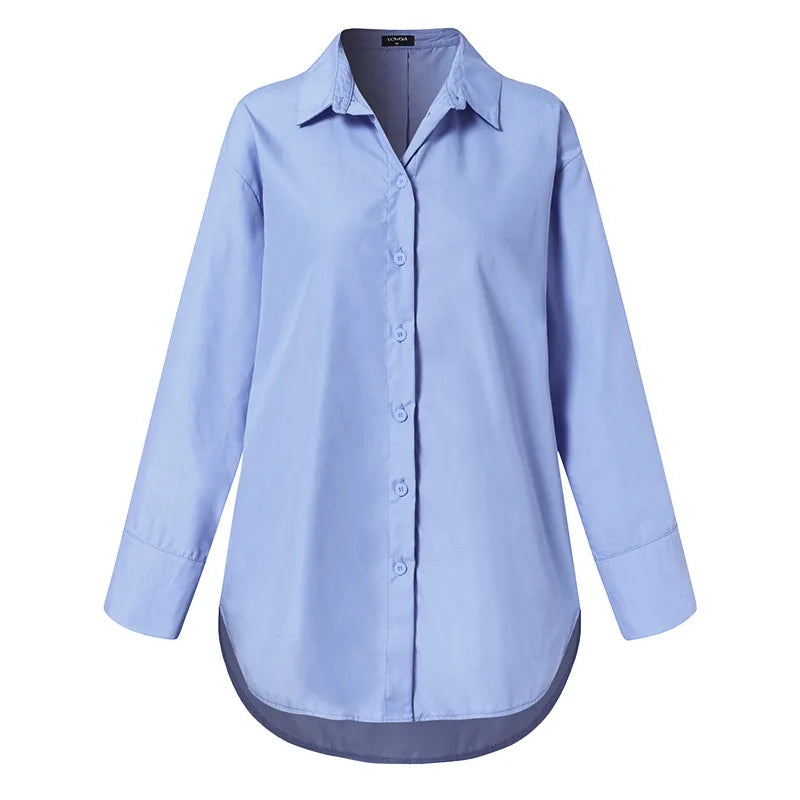 S-5XL Women's Formal Dress Vintage Shirt Buttoned Top Oversized Loose Pullover Long Casual Top