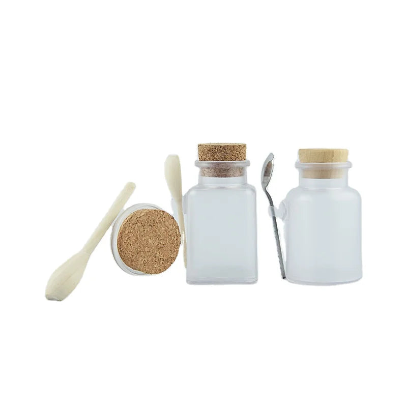 Frosted ABS Plastic Bath Salt Jars with Wooden Spoon and Cork Lids Square 100g 200g 300g Body Scrub Container Cosmetic Packaging