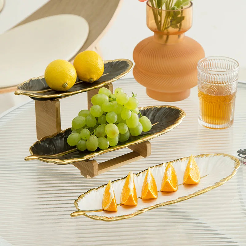 Creative Double Layer Fruit Plate Ceramic Dim Sum Cake Plate Home Bamboo and Wood Frame Restaurant Japanese Cuisine Sushi Plate