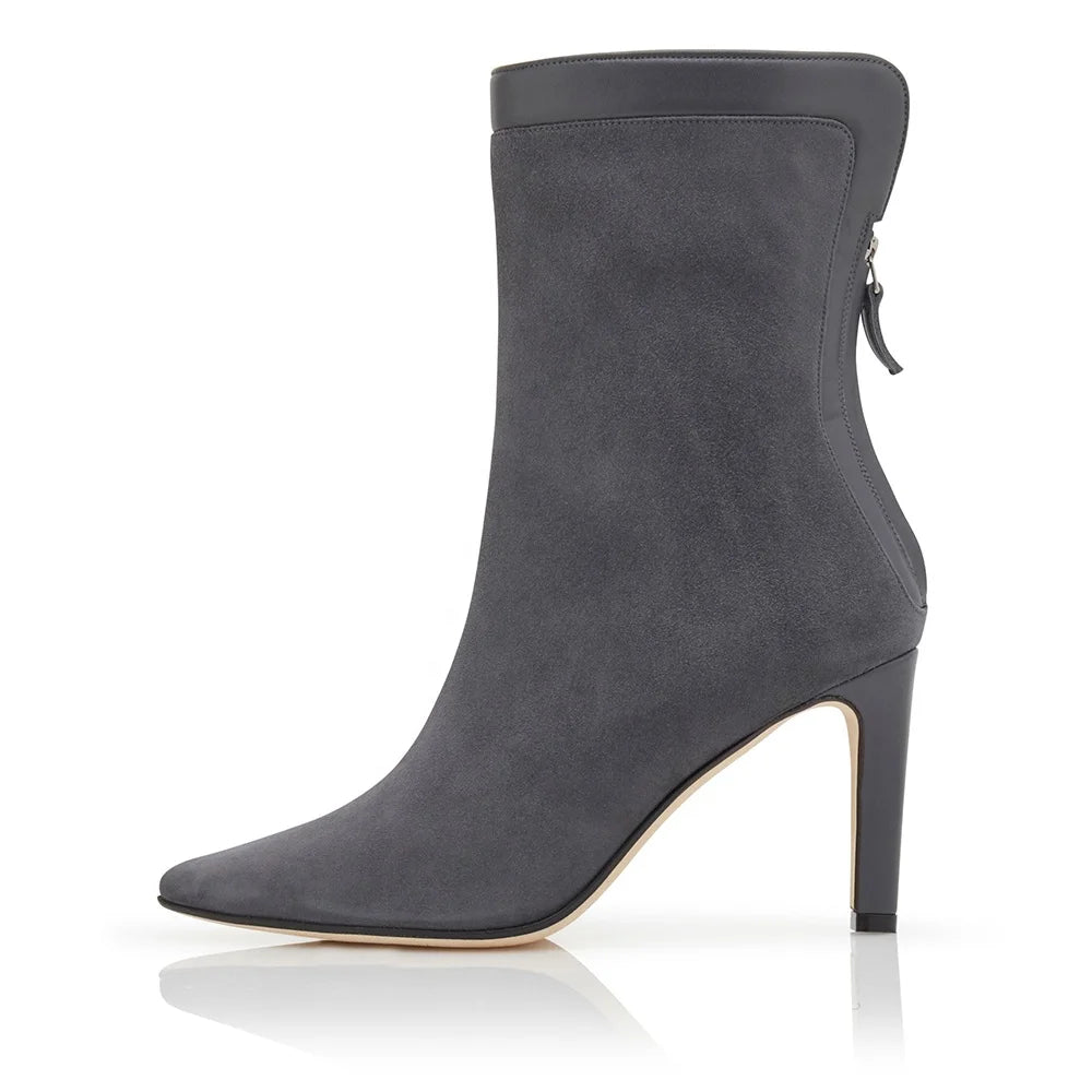 Trendy Faux Suede Pointed Toe Thin Heel Booties Slip on Back Zipper Boots for Ladies Plus Size Women Winter Boots