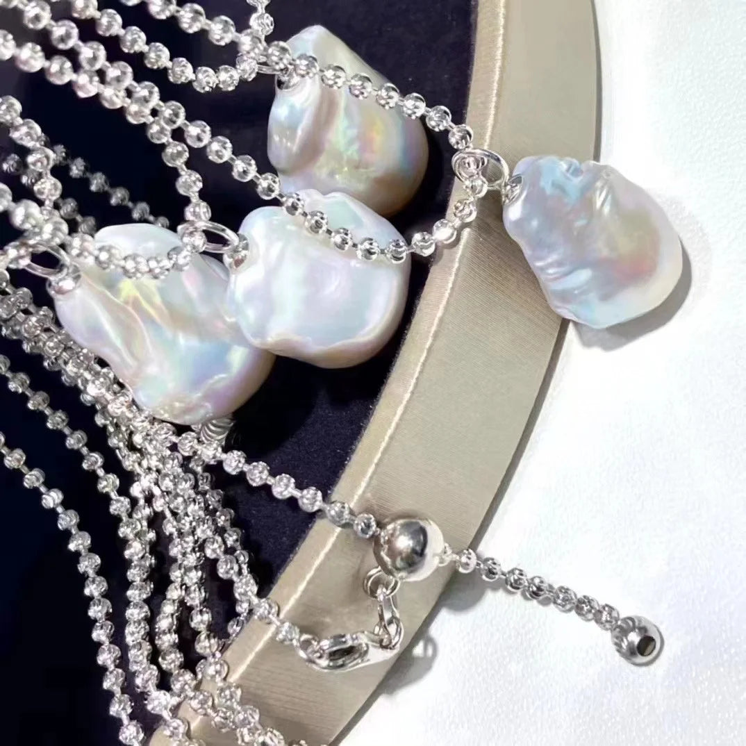 N432 Baroque DIY Natural  Freshwater Pearl Charm Pendant Necklace Chain Accessory 925 Sterling Silver Jewelry for Women