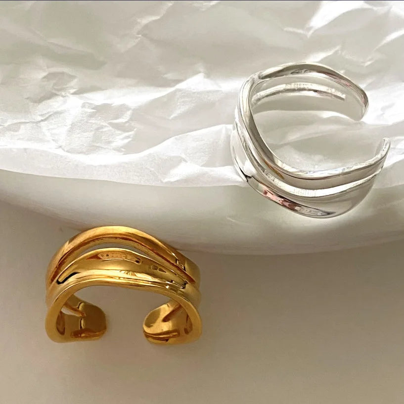925 Sterling Silver Rings INS Minimalist Gold Color Irregularity Wave Rings MegaBDM