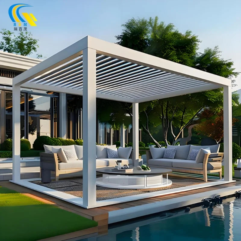 Modern Bioclimatic Aluminum Retractable Louver Sun Panel Pergola Gazebo & Pavilion with LED Powder Coated Garden Decorations