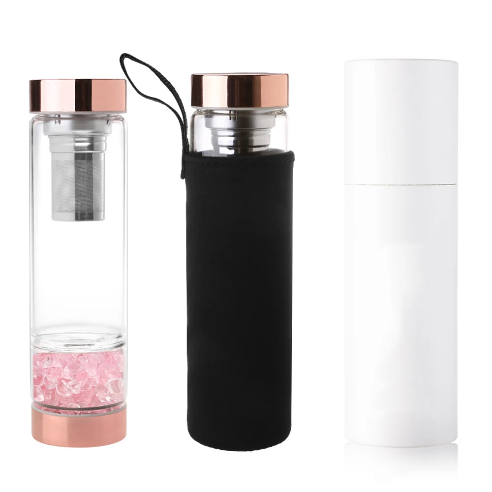 Elixir Gemstone Energy Infused Crystal Glass Water Bottle With Protective Sleeve / Great Natural Healing Christmas GIFT