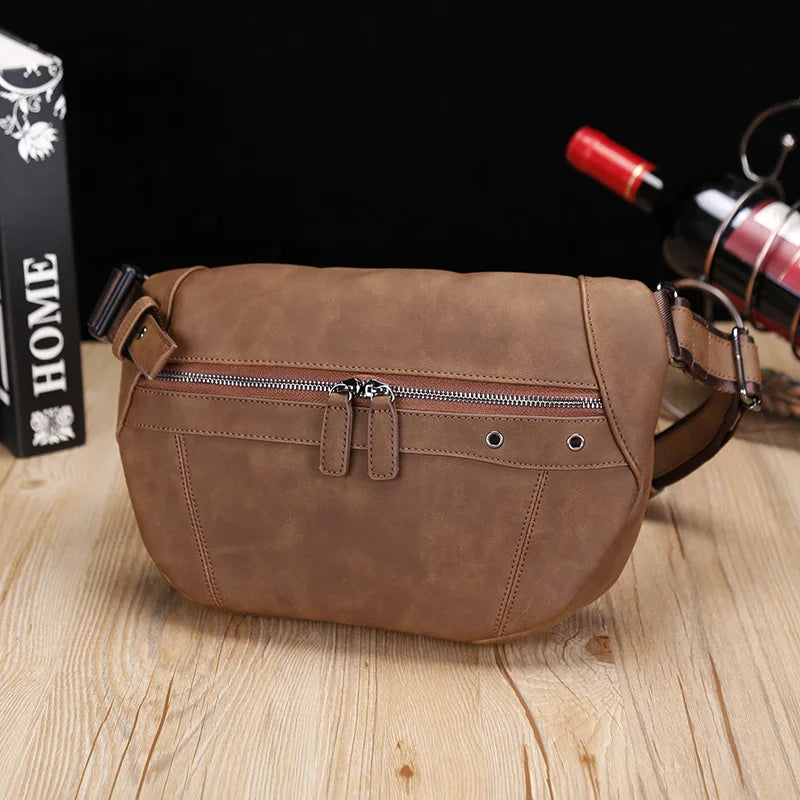 Men's Vintage Zipper Chest Bag Casual Messenger Shoulder Bag Crazy Horse Leather Men Fanny Pack Waist Bag
