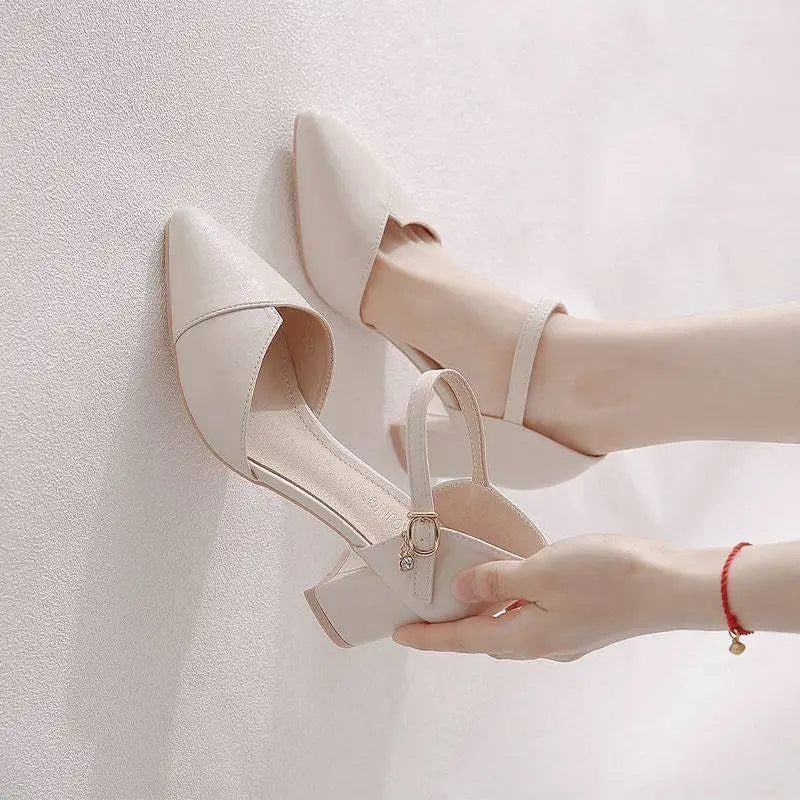 One-line Toe Sandals Women's New Summer Single Shoes with Mid-heel Fashion and Versatile Temperament Thick Heel High Heels