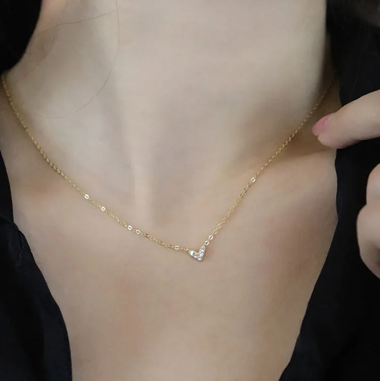 Fine 925 Sterling Silver V Shape Gold Plated CZ Diamond Link Chain Pendant Necklace for Women Wedding & Anniversary Gift