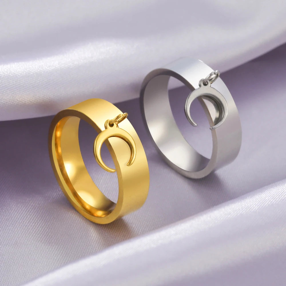 Myshape Stainless Steel Gold Color Moon Pendant Rings for Women Bohemian Aesthetic Ring 2024 Trend Party Jewelry Lover Gift