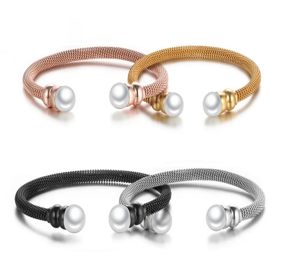 Custom Round Mesh Bracelets Gold Silver Black Rose Color Models Design Stainless Steel Cuff Bangles with Beautiful Pearl Jewelry