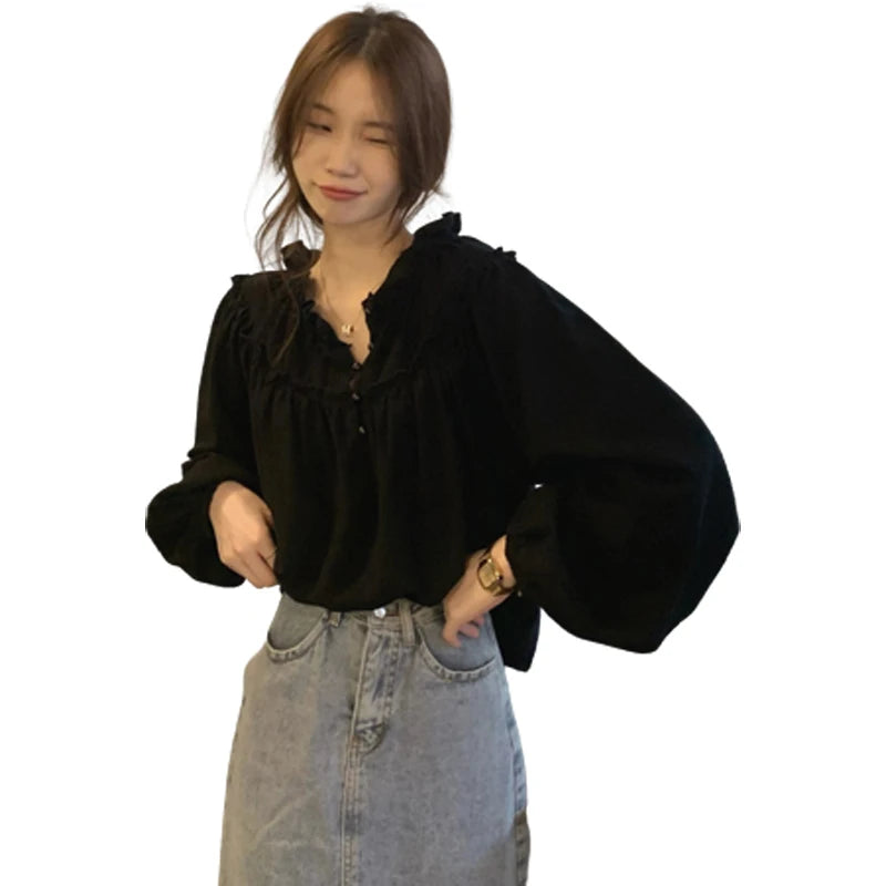 Long-Sleeved Shirt With Bubble Sleeves and Wooden Ear Trim Corporate Shirts Elegant Shirts for Women Tops