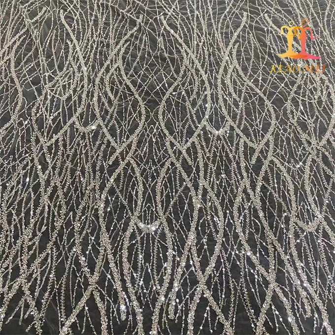 Wholesale Price 100% Polyester Eco-Friendly Sequin Embroidery Beaded Bridal Mesh Lace Fabric XM-BF0603