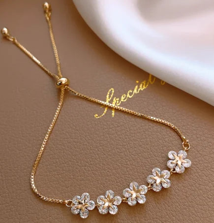 Hot Selling ARCHER Women's 18K Gold Plated Crystal Brass Flower Charm Bracelet Adjustable Cute Luxury Jewelry