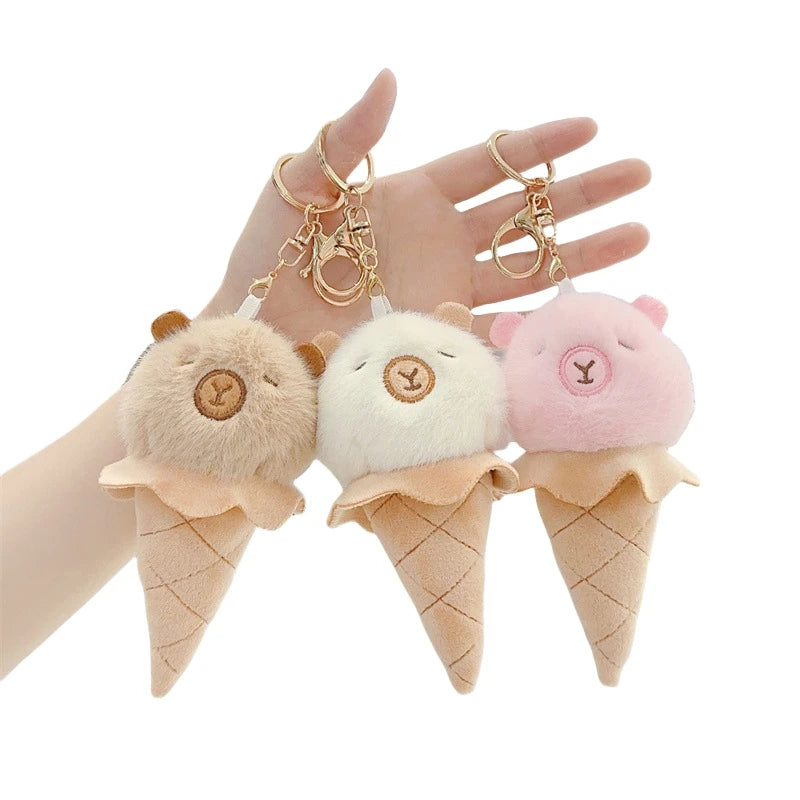 Peluches Capybara Plush Keychain Realistic Ice Cream Pom Pom Fluffy Capybara Keychain Plushy Stuffed Animal Toys for Kids Bag