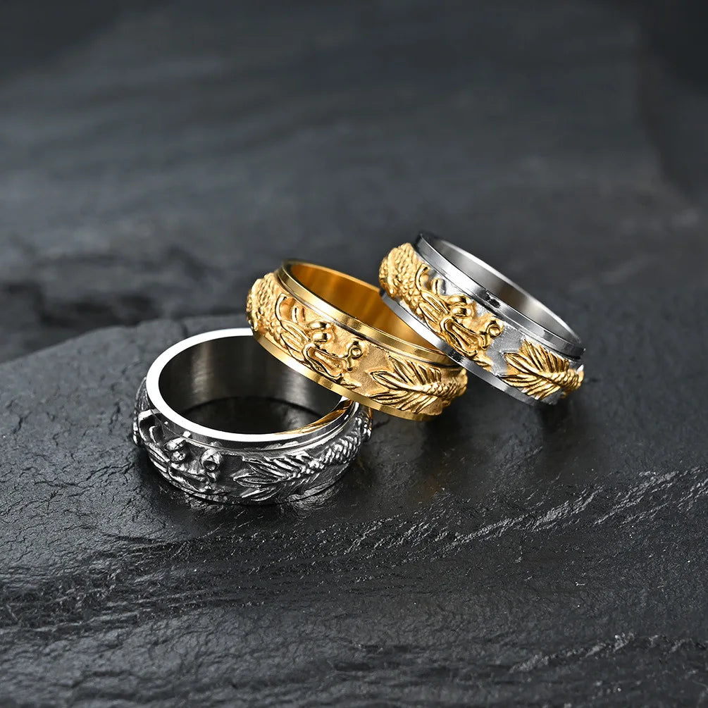 Aesthetic Black Long Dragon Engraving Charm Rotatable Spinner Anti Pressure & Anxiety Gift Fidget Rings Jewelry for Men Boys