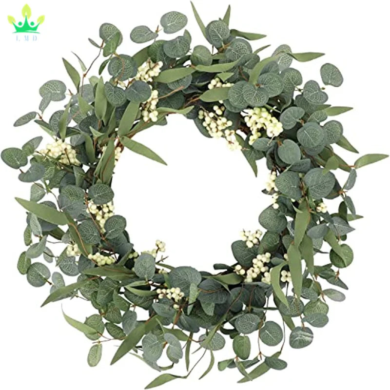 Artificial Eucalyptus Wreath for Front Door Fall Wreath Green Leaf Wreath for Farmhouse Wall Decor Window Front Porch Decor
