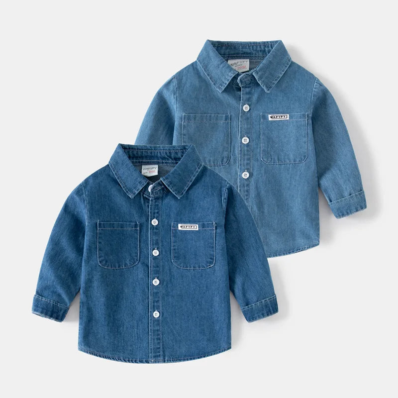 New Boys Luri Denim Shirt 100% Cotton O-Neck Long Sleeve Casual Solid Color Children's Clothing