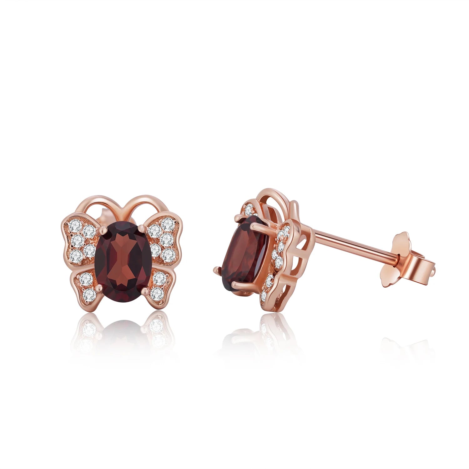 YBO Cute Butterfly Animal Stud Earrings Mini S925 Silver Gemstone with Natural Garnet CZ Gold Plated for Parties
