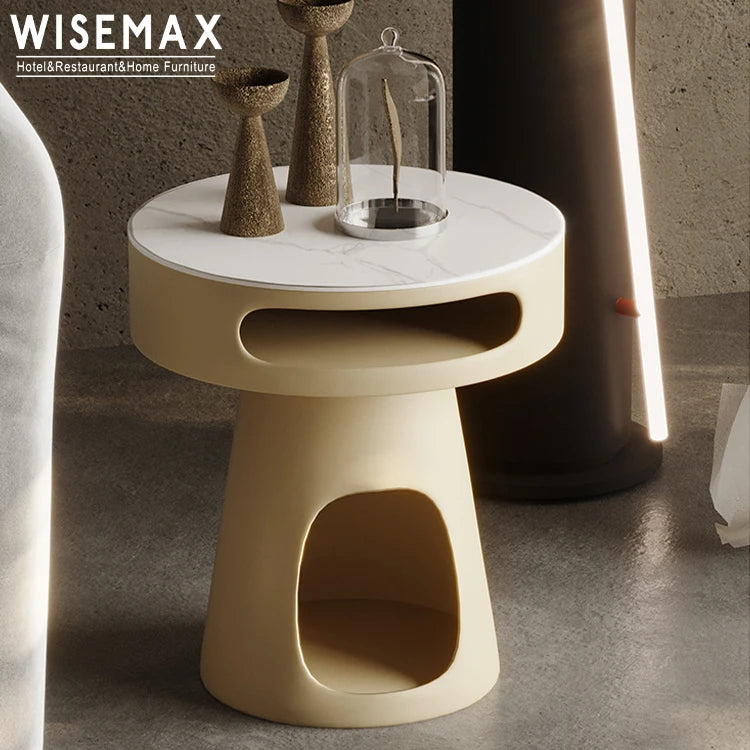 WISEMAX FURNITURE Italian Living Room Furniture White Slate Board Tea Table Round Top Wooden Base Storage Coffee Table