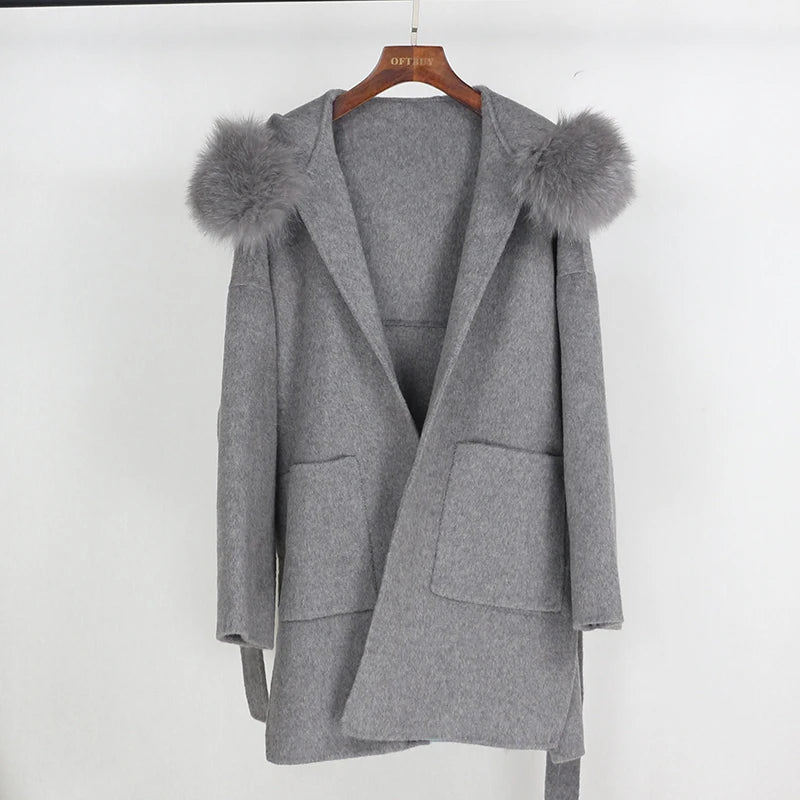 OFTBUY 2024 Real Fur Coat Winter Jacket Women Loose Natural Fox Fur Collar Cashmere Wool Blends Outerwear Streetwear Oversize