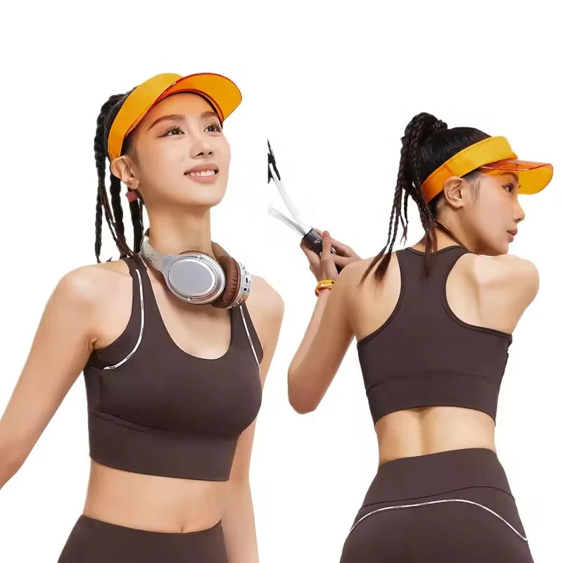 Women's Plaid Pattern Medium Support Yoga Bra One-Piece Shockproof Push-Up Top Thin Bottom Thick H-Shaped Beauty Back Quick Dry