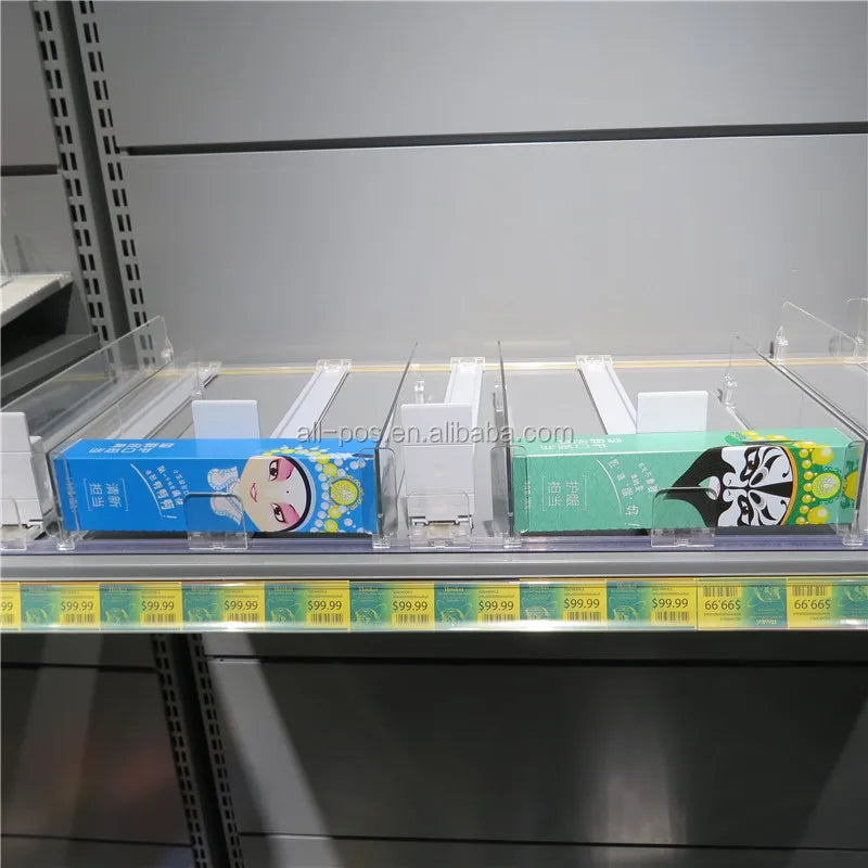 Hookei Wholesale OEM/ODM Shelf Pusher Store Shop Adjustable Plastic Spring Loaded Shelf Pusher for Supermarket