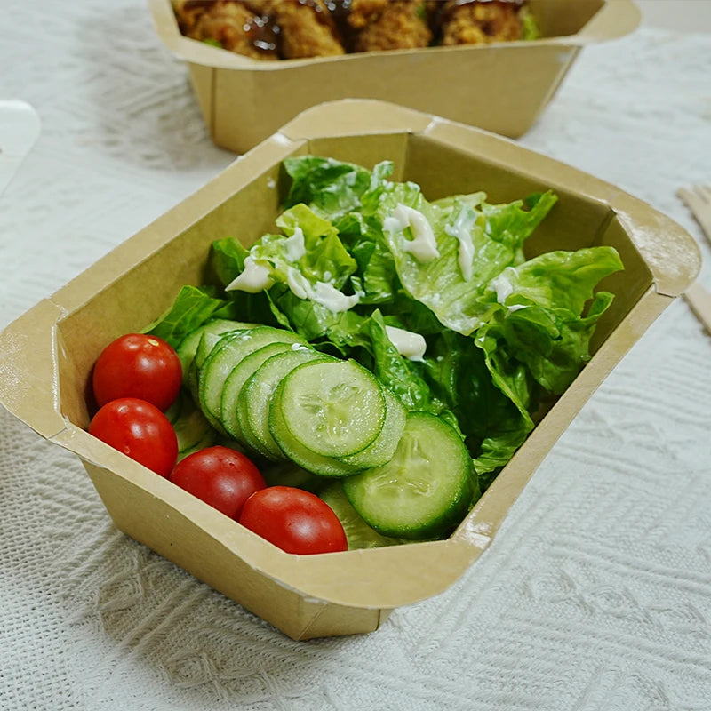 Wholesale Disposable Kraft Paper Bowl with Logo Greaseproof Microwave Film Cover Tray Custom Embossed for Salad Cookie Serving