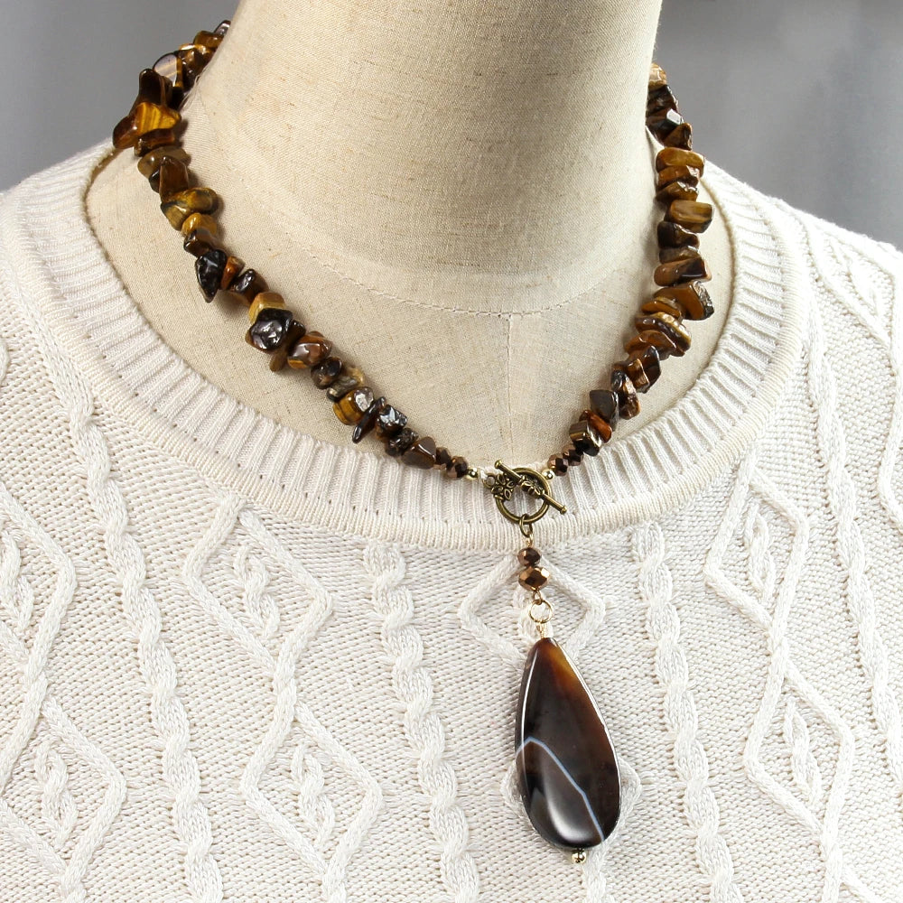 Fashion New Bohemian Style Women Jewelry Natural Stone Crushed Stone Bead Necklace OT Buckle Agate Drop Pendant Necklace