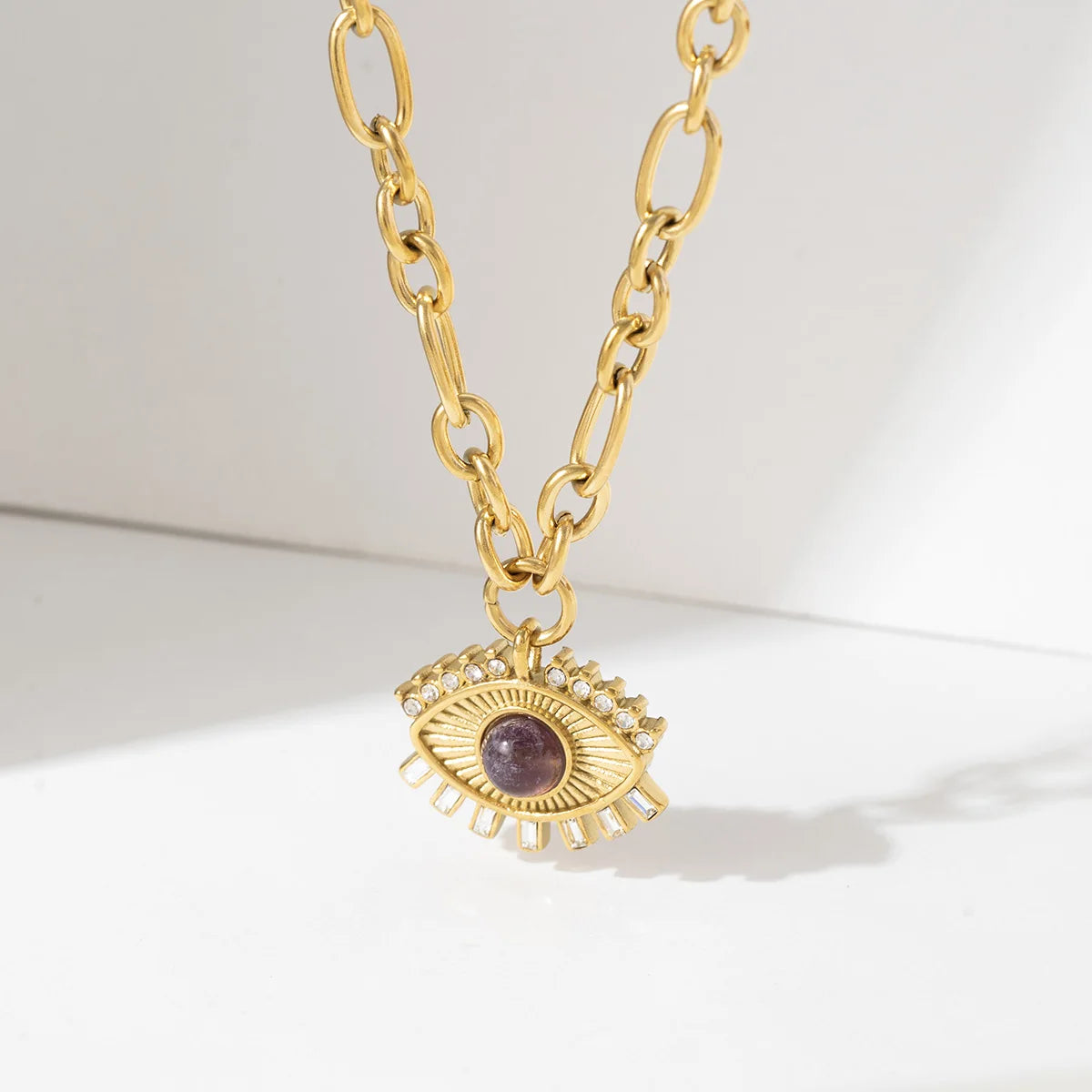 Lucky Tarnish Free Zircons Chunky Chain 18k Gold Plated Stainless Steel Turkish Eye Natural Amethyst Necklace