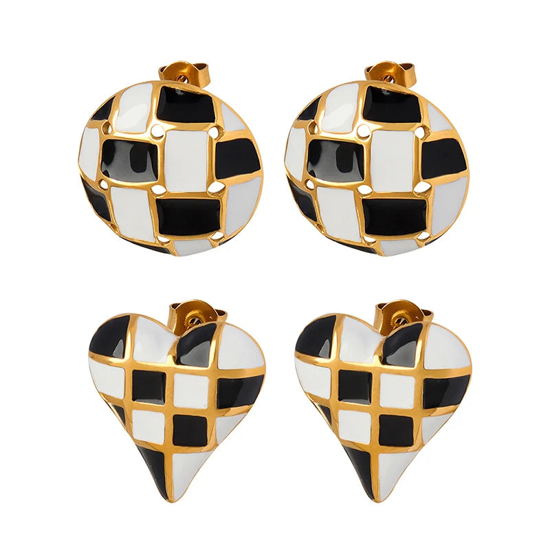 Fine Jewelry Round Earrings Black White Plaid Fashion Jewelry Heart Stainless Steel Earrings