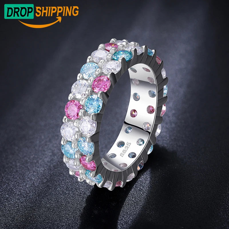 Dropshipping Fine Engagement Jewelry White Gold Plated 925 Sterling Silver 2 Row VVS Moissanite Diamond Rainbow Band Ring