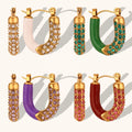 Dingran New Fashion Crystal Rhinestone Hoop Earrings PVD Gold Plated Stainless Steel Enamel U Shape Earrings