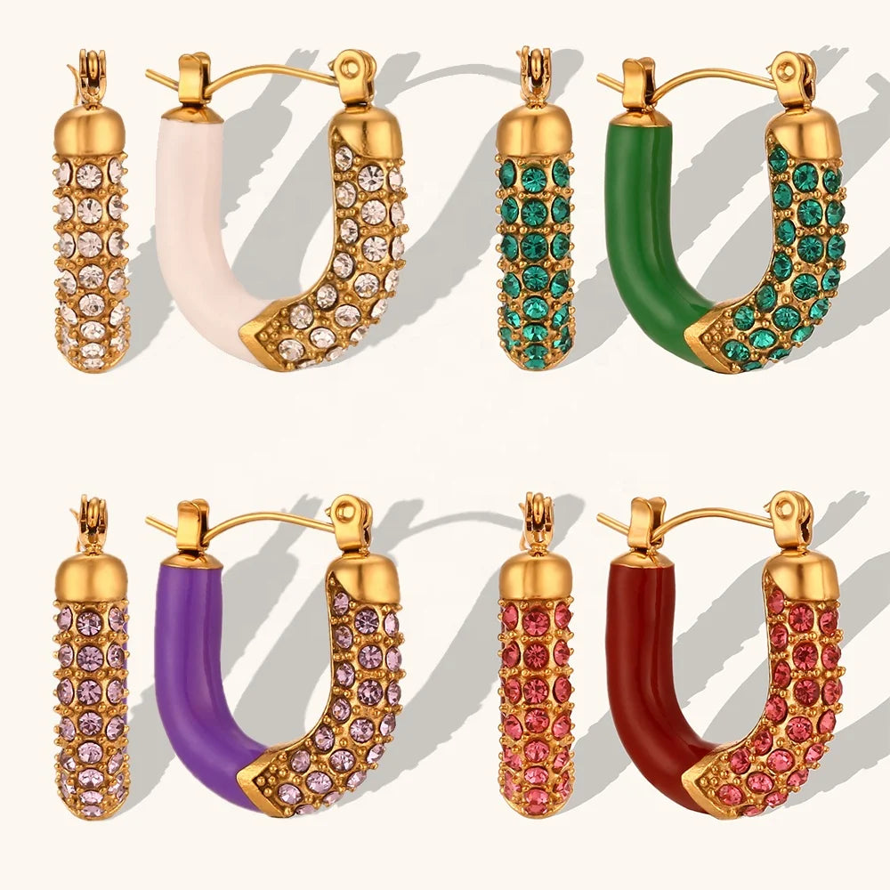 Dingran New Fashion Crystal Rhinestone Hoop Earrings PVD Gold Plated Stainless Steel Enamel U Shape Earrings