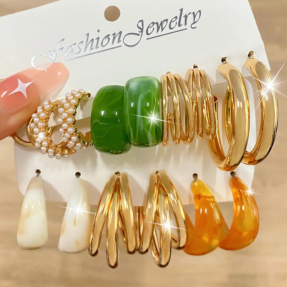 Fashion Colorful Chunky Acrylic Hoop Earring Butterfly Pearl Gold Plated Earrings Set for Women
