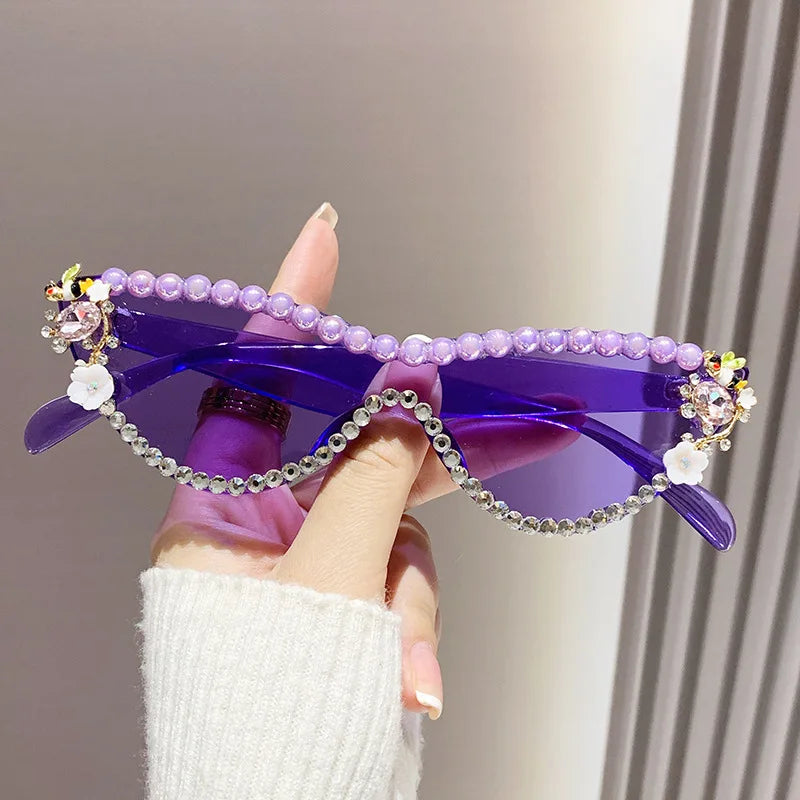 Oculos De Sol Feminino Crystal Pearl Sunglasses Fashion Colors Lenses Water Diamond Metal Eye Diamond Sunglasses