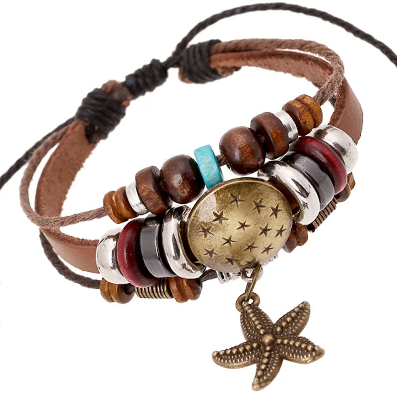 Hot Selling Handmade Woven Leather Bracelet Vintage Beaded Starfish Pendant Women Bracelet