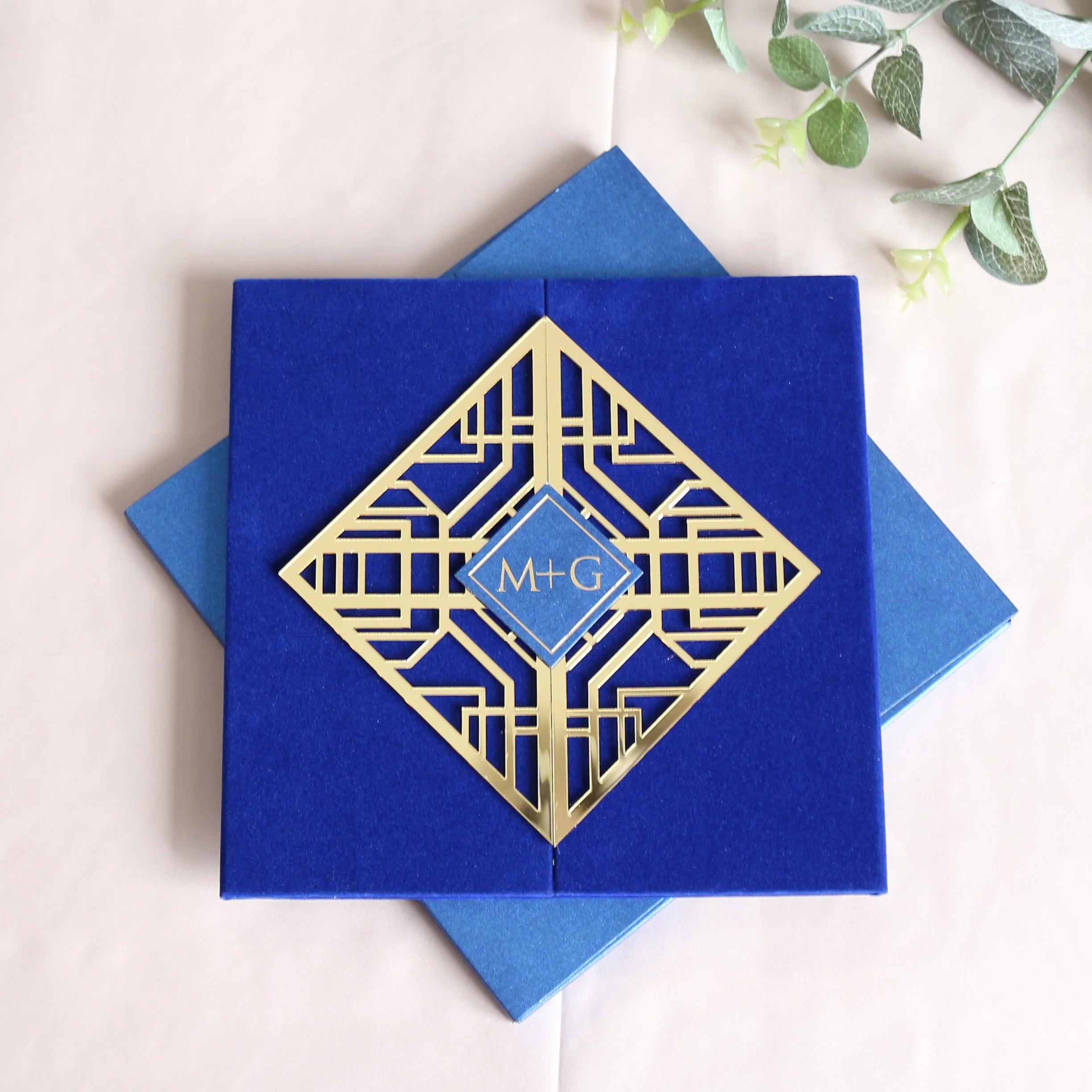 Luxury Blue Velvet Gatefold Wedding Invitation Foil Invitation Card With 3D Envelope