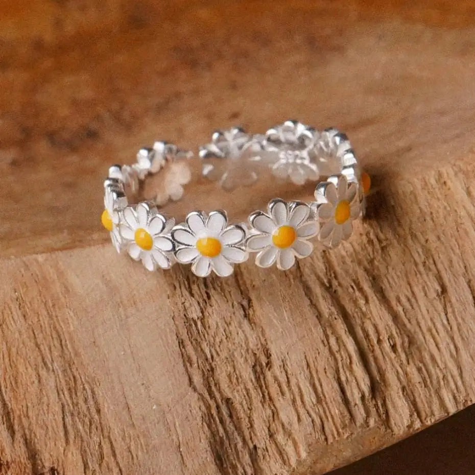 Korean 925 Sterling Silver Fresh Daisy Flower Ring Open Ring Adjustable Young Girl Ring