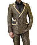 Fashion Peaked Lapel Double Breasted Men's Suit Black Gold Printed Suit With Piping Wedding Groom Tuxedo Party Jacket Pants