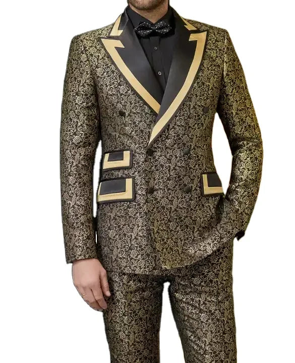 Fashion Peaked Lapel Double Breasted Men's Suit Black Gold Printed Suit With Piping Wedding Groom Tuxedo Party Jacket Pants