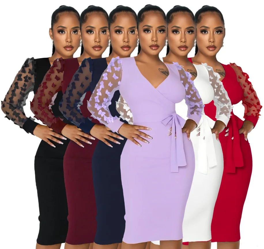 S-XXL European and American Fashion Women's Solid Lace Lantern Sleeve Slim Dress